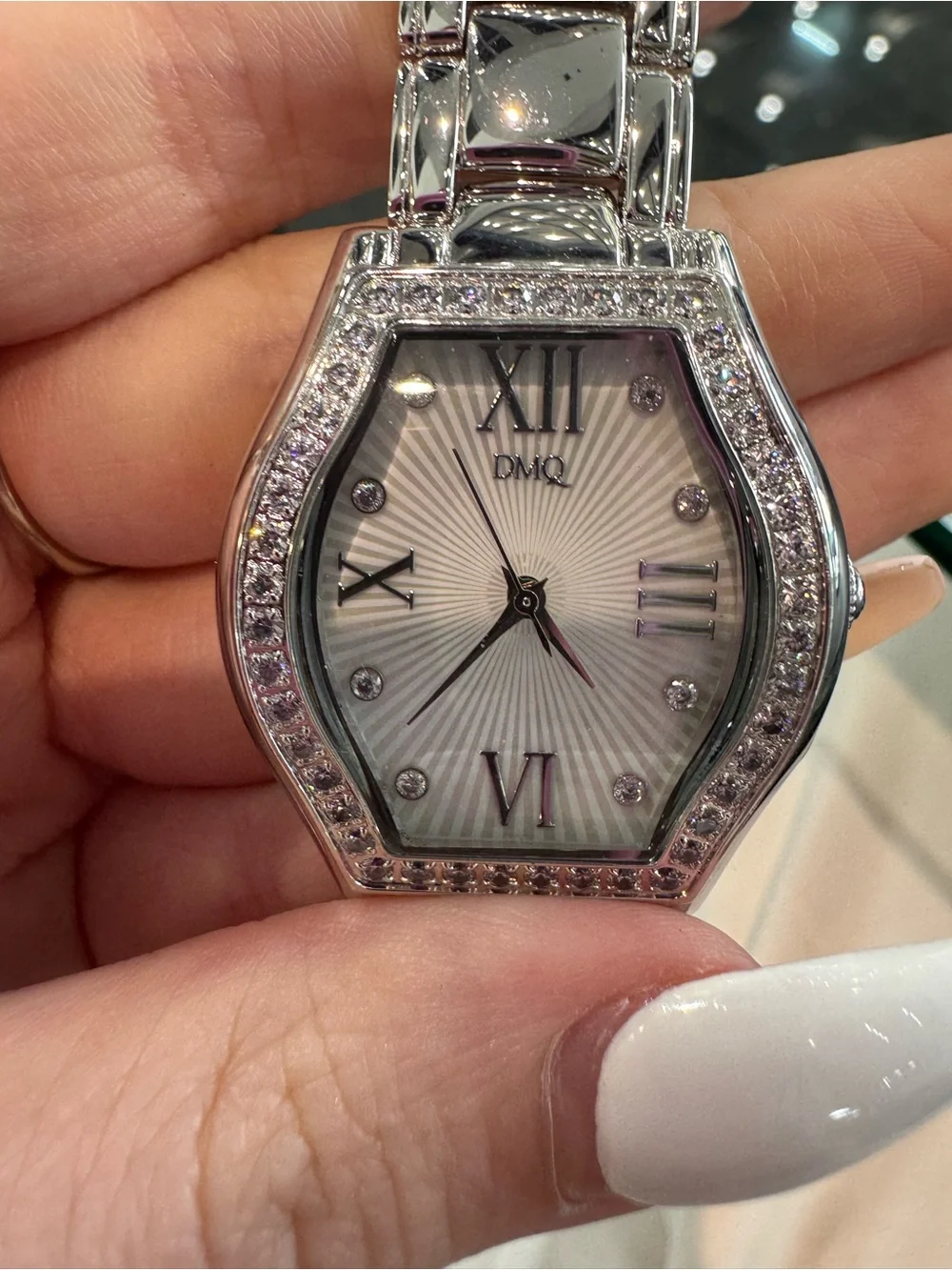 DMQ  Tonneau Watch – Silver Tone Crystal Bezel, Sunburst Dial, Roman Numerals